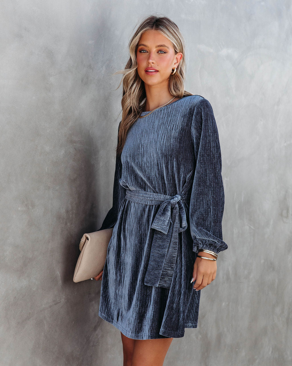 Harlyn Velvet Tie Dress - Grey - Se7enfashion