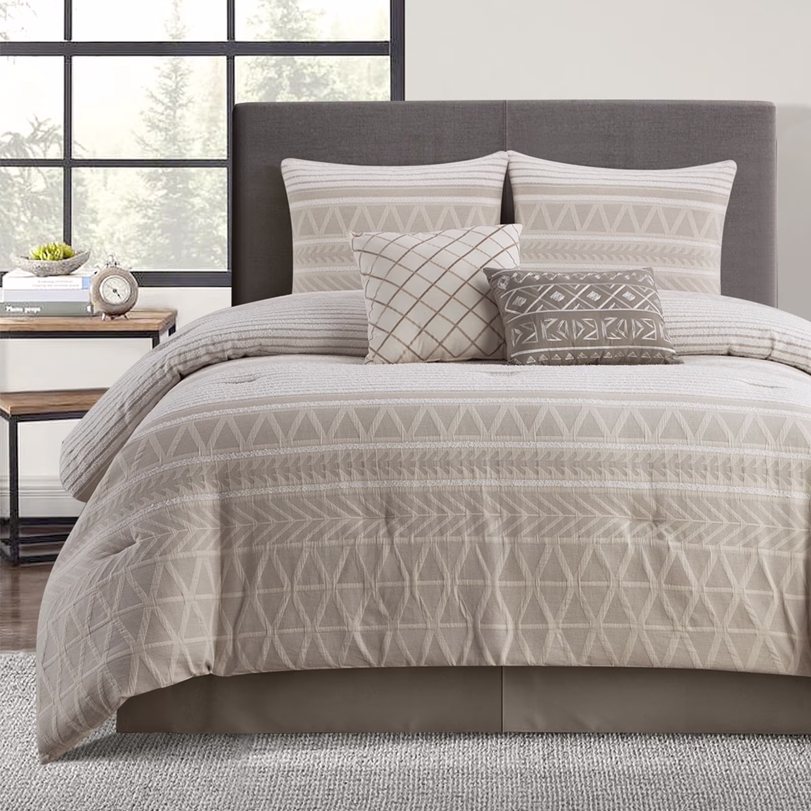 Lanco 100% Cotton Queen Size Comforter Set, 6 Piece, Beige Geometric Jacquard Bedding Set(Queen/Sage)