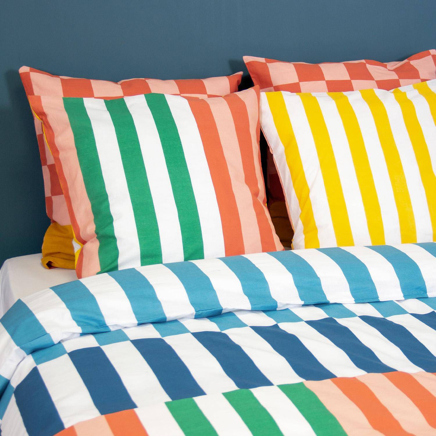 Aura - Juego de cama de algodón con estampado de rayas multicolor, 2 plazas