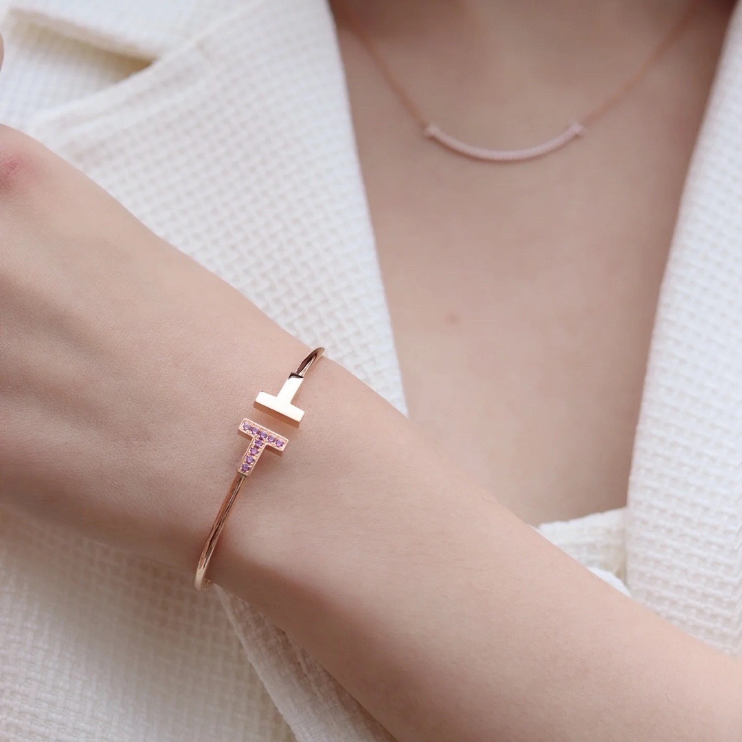 Tiffany Paved Pink Diamond Double T Bangle Bracelet - Original Replica Club