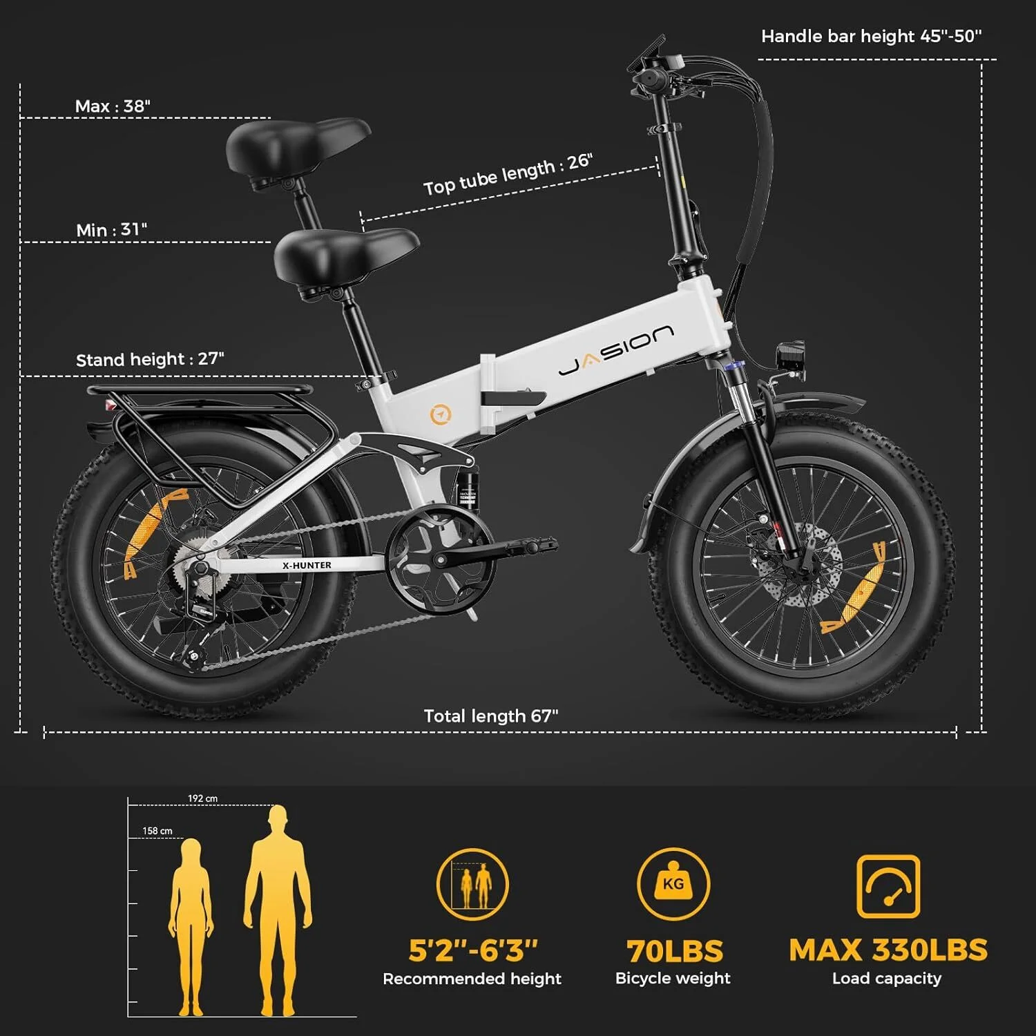 Jasion X-Hunter Electric Bike for Adults, 750W Motor Electric Bicycle with 48V 13AH Removable Battery, 20" x4.0 Fat Tire Folding Ebike, Full Suspension, 7-Speed Bicycles - Image 21