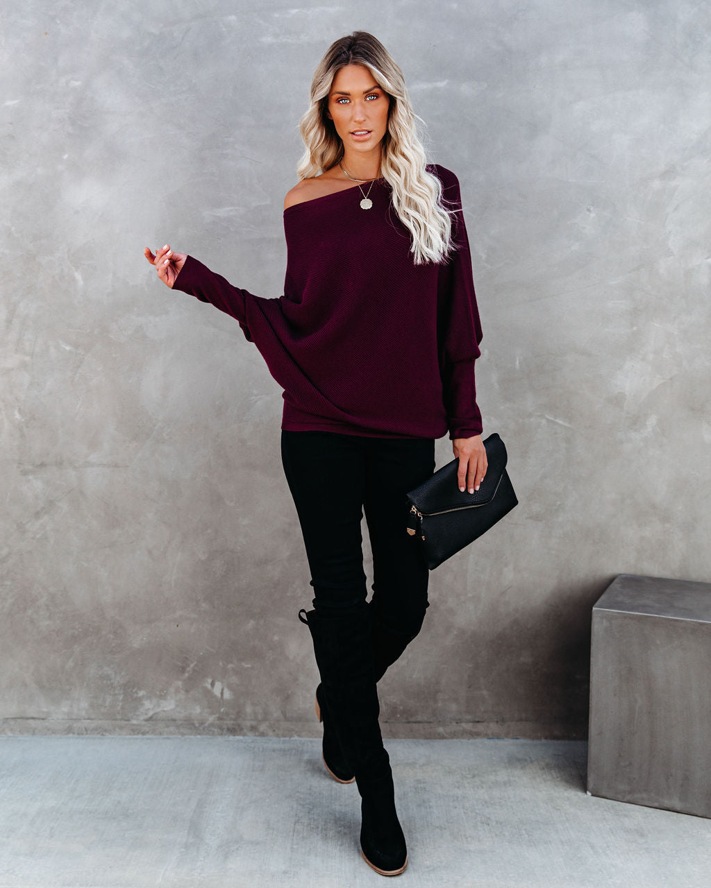 All That Ribbed Cashmere Blend Sweater - Wine - Se7enfashion