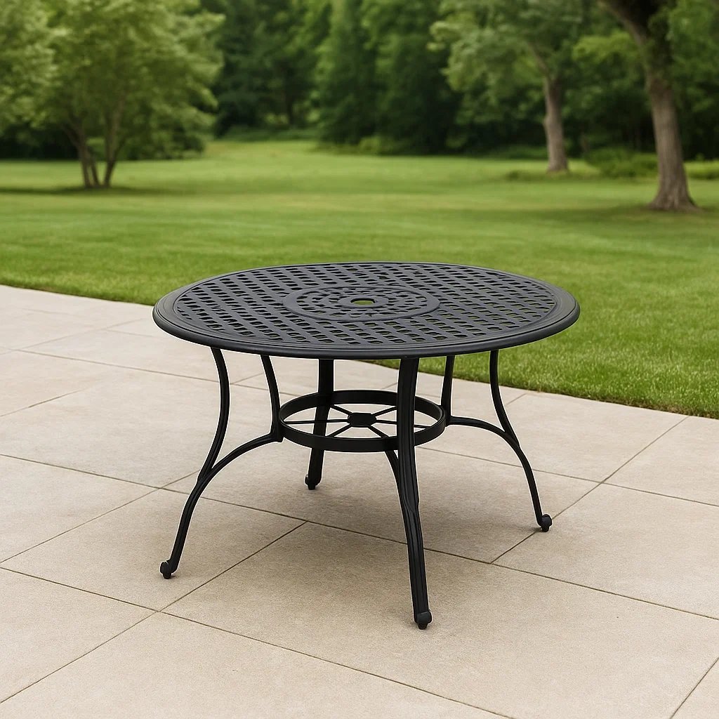 Mesa de comedor de terraza,negro,aluminio,adecuado para jardín,diámetro 119 cm x altura 73 cm