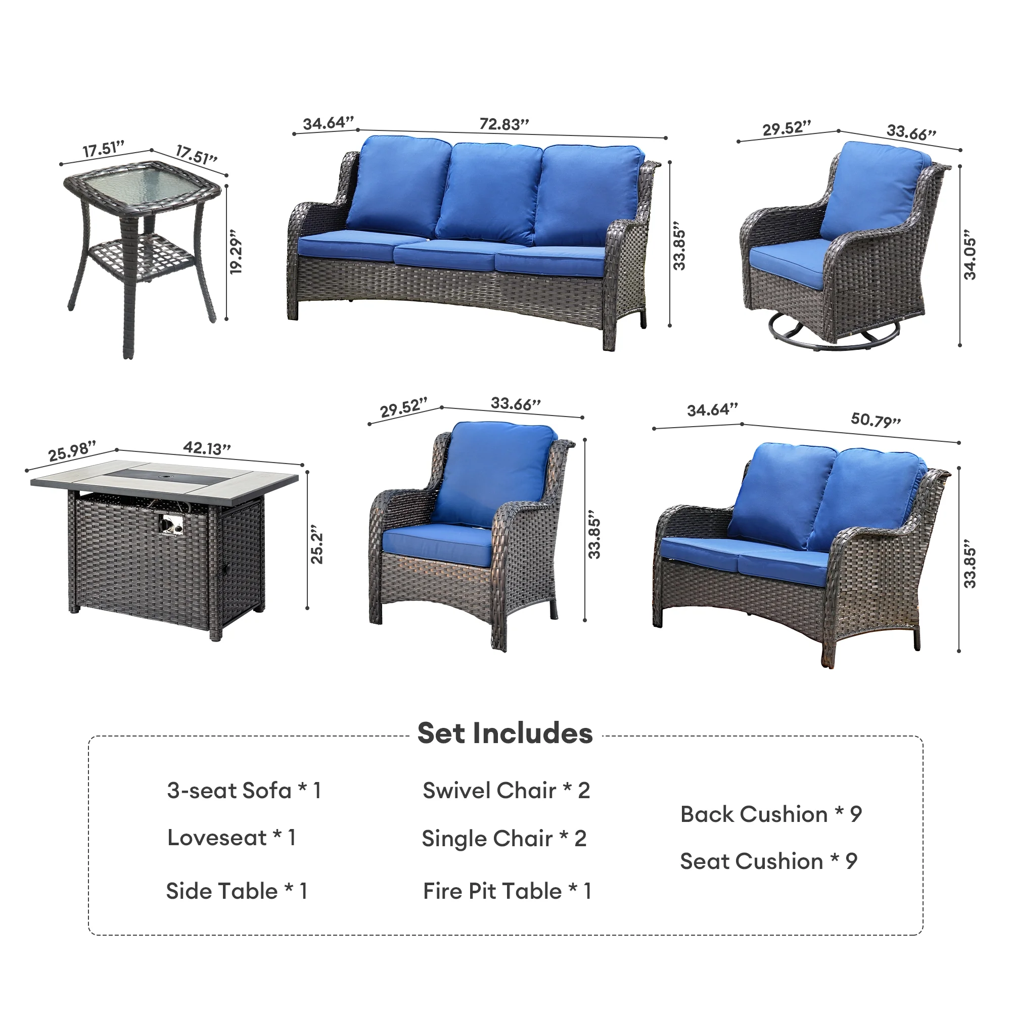 Vcatnet 8 Pieces Outdoor Patio Furniture Sectional Sofa All-weather Conversation Set with Swivel Rocking Chairs and Fire Pit Table for Garden,Poolside,Gray - Image 17