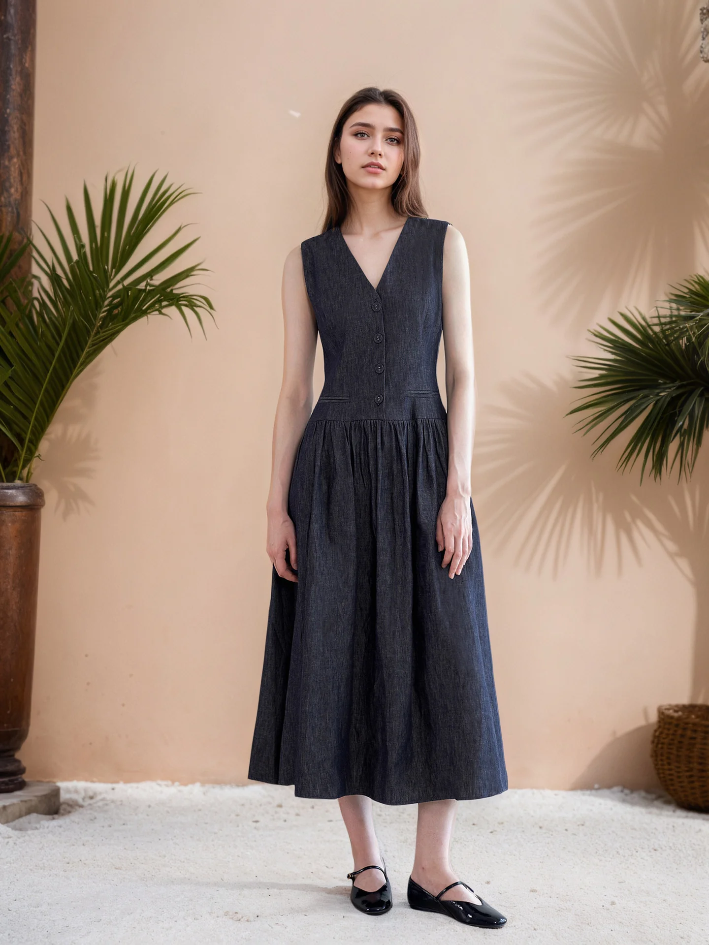 V-neck pocket mid-length dress loose sleeveless dress - Se7enfashion
