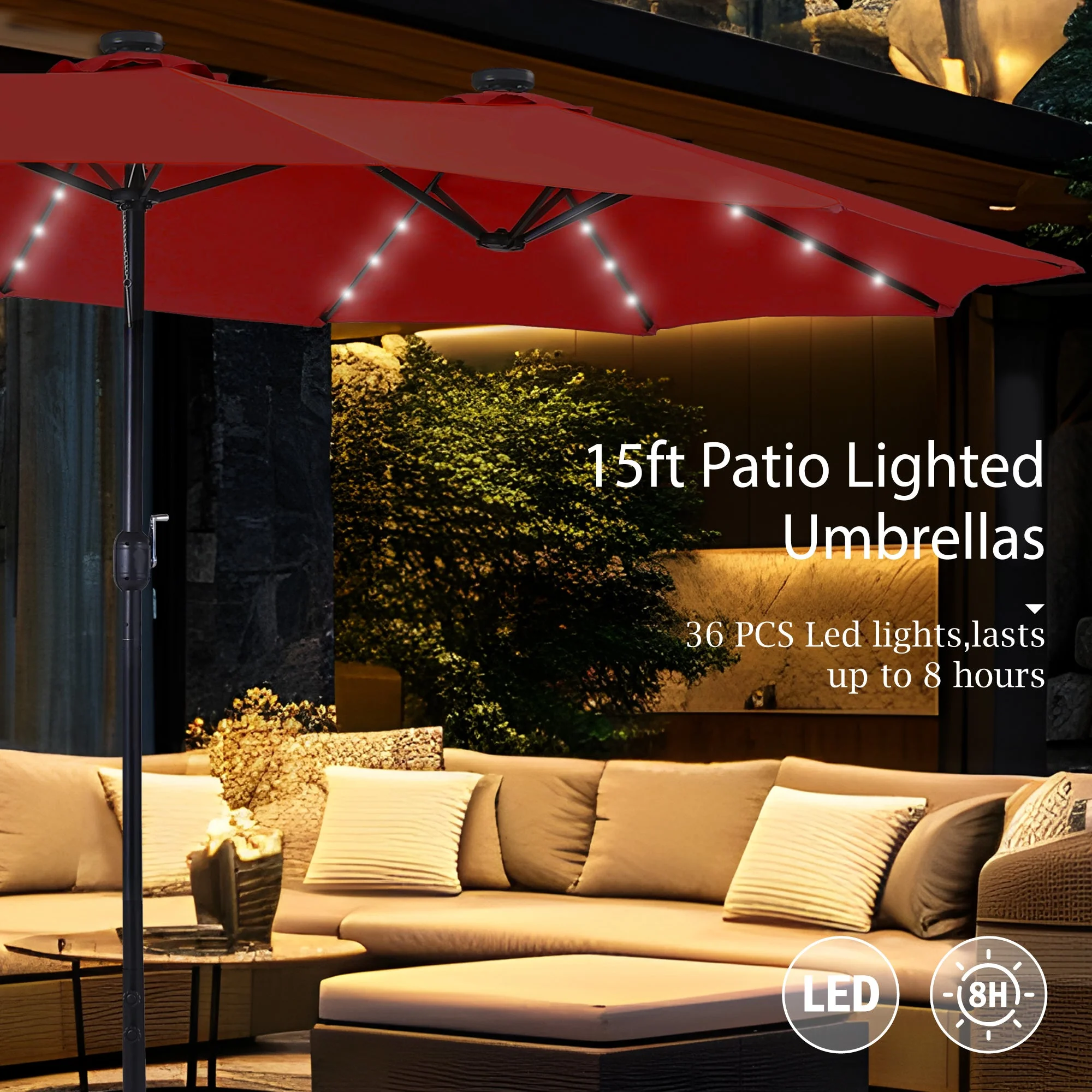 Alpha Joy 15ft Extra Large Outdoor Patio Double-Sided Umbrella with LED Solar Lights & Umbrella Base, Beige - Image 60