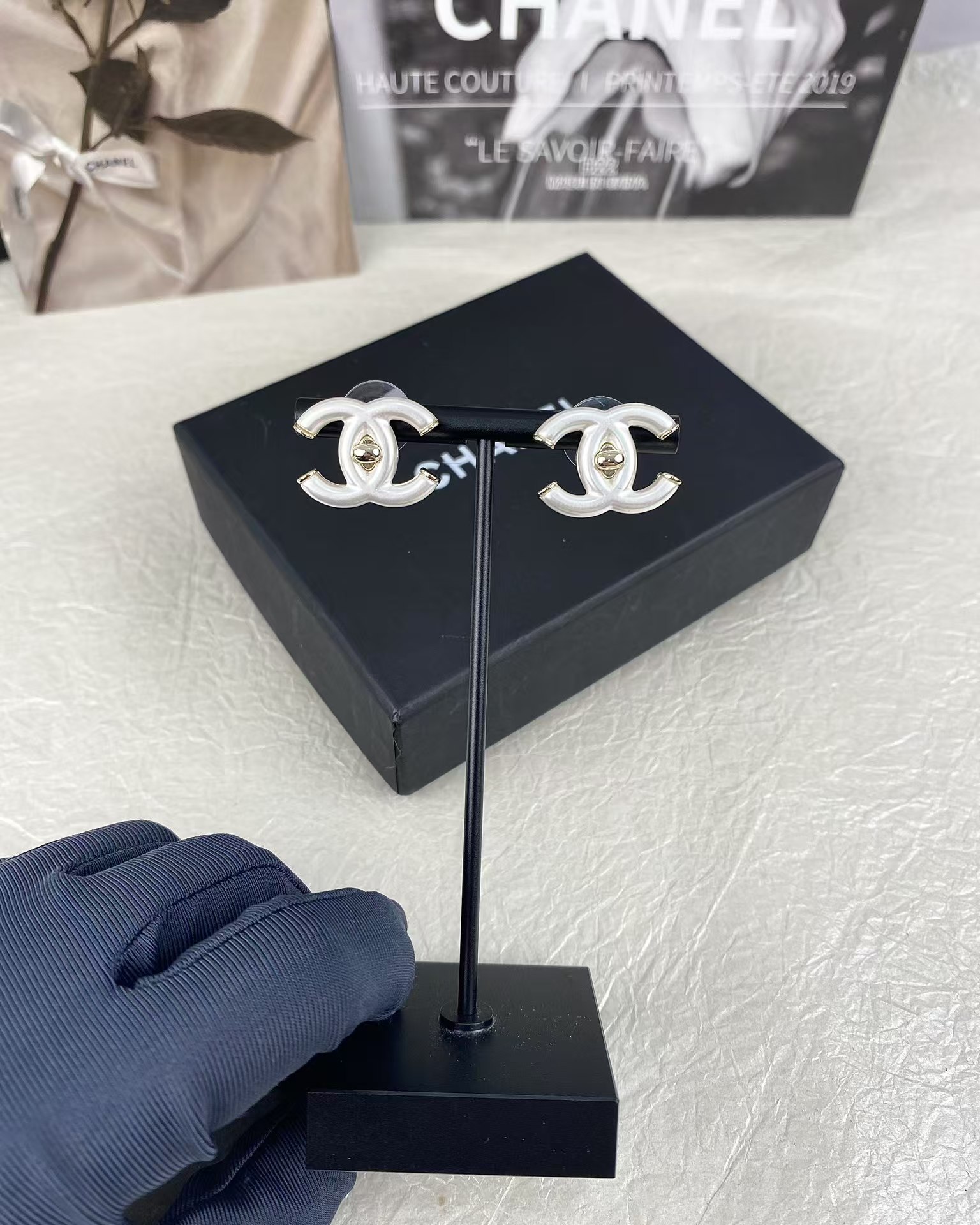 Chanel White Double C Stud Earrings - Original Replica Club