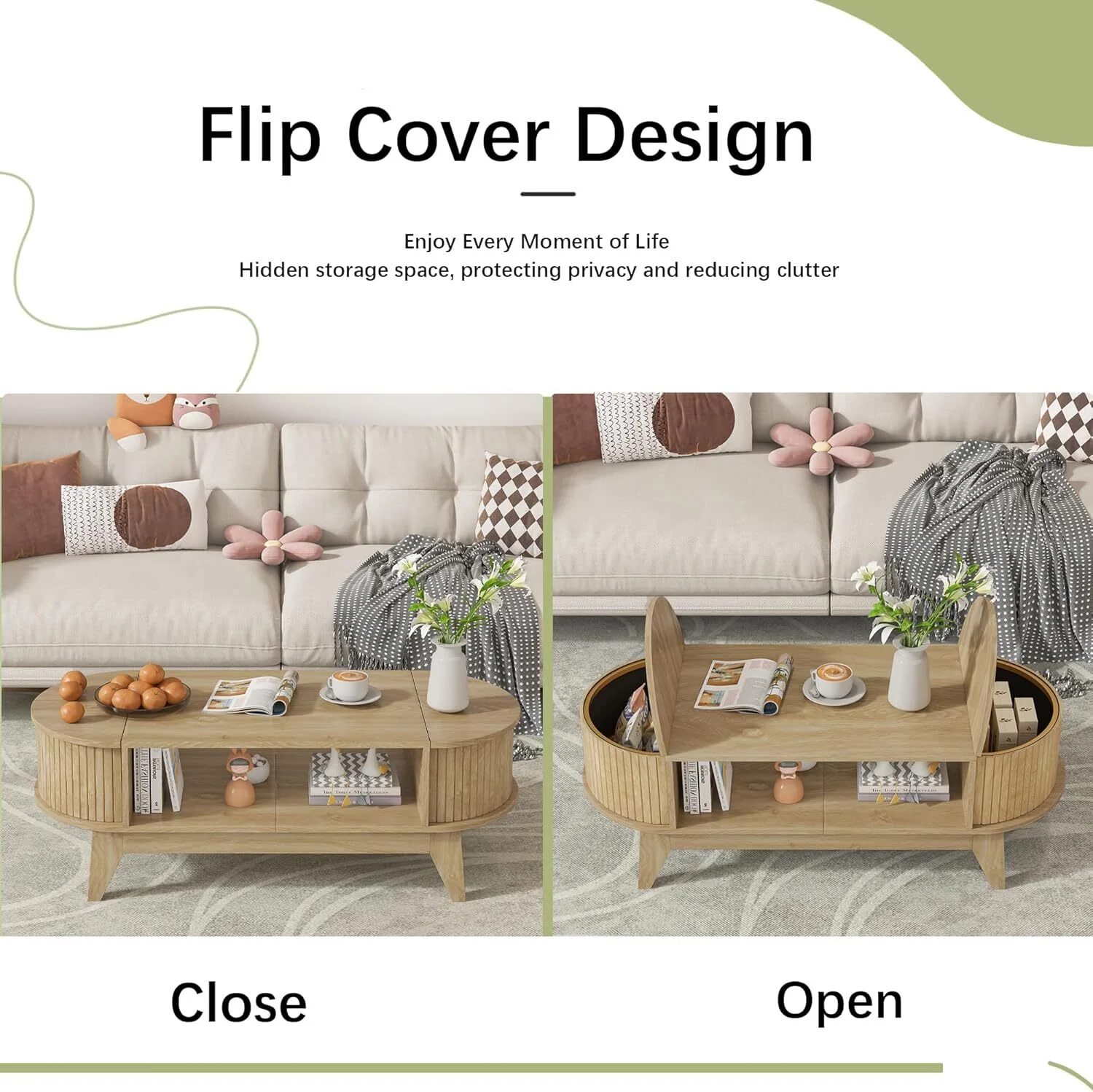 Fluted Coffee Table with Storage, Modern Coffee Tables, Wood Accent Center Table - Image 7