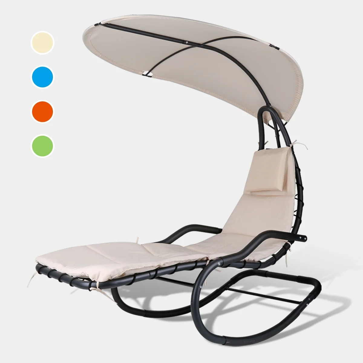 2X Rocking Hanging Lounge Chair - Curved Chaise Rocking Lounge Chair Swing For Backyard Patio w/ Built-in Pillow Removable Canopy with stand {Green} - Image 27