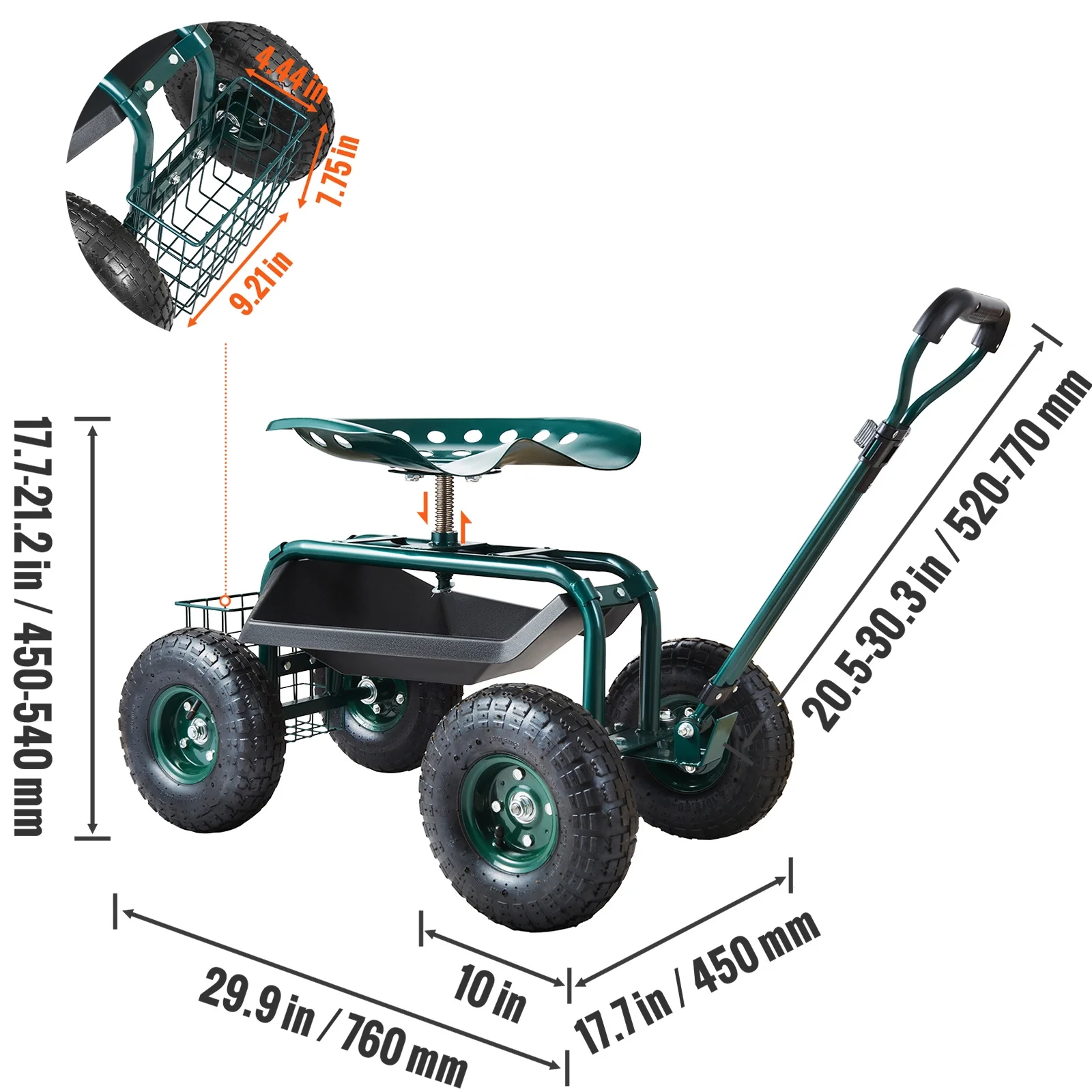 KFFKFF Garden Cart Rolling Workseat with Wheels, Gardening Stool for Planting, 360 Degree Swivel Seat, Wagon Scooter with Steering Handle & Utility Tool Tray, Use for Patio, Yard, and Outdoors - Image 10