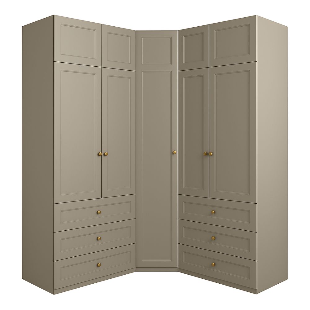 Armario esquineros de estilo contemporáneo en color beige con múltiples compartimentos y cajones