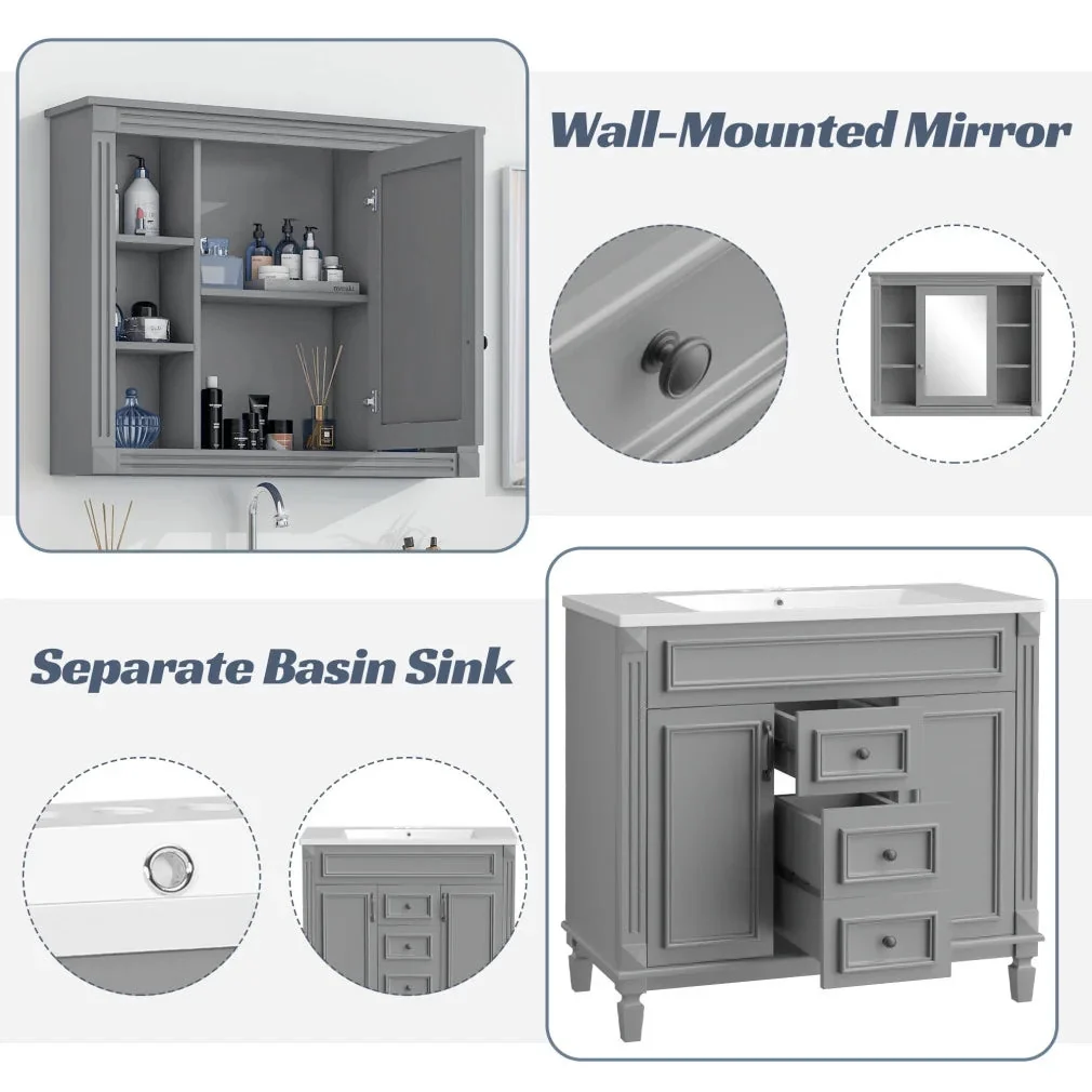 36'' Bathroom Vanity Set With Ceramic Sink Top, Mirror Cabinet, 2 Doors And 2 Drawers - Gray - Image 6 36'' Bathroom Vanity Set With Ceramic Sink Top, Mirror Cabinet, 2 Doors And 2 Drawers - Gray - Image 6