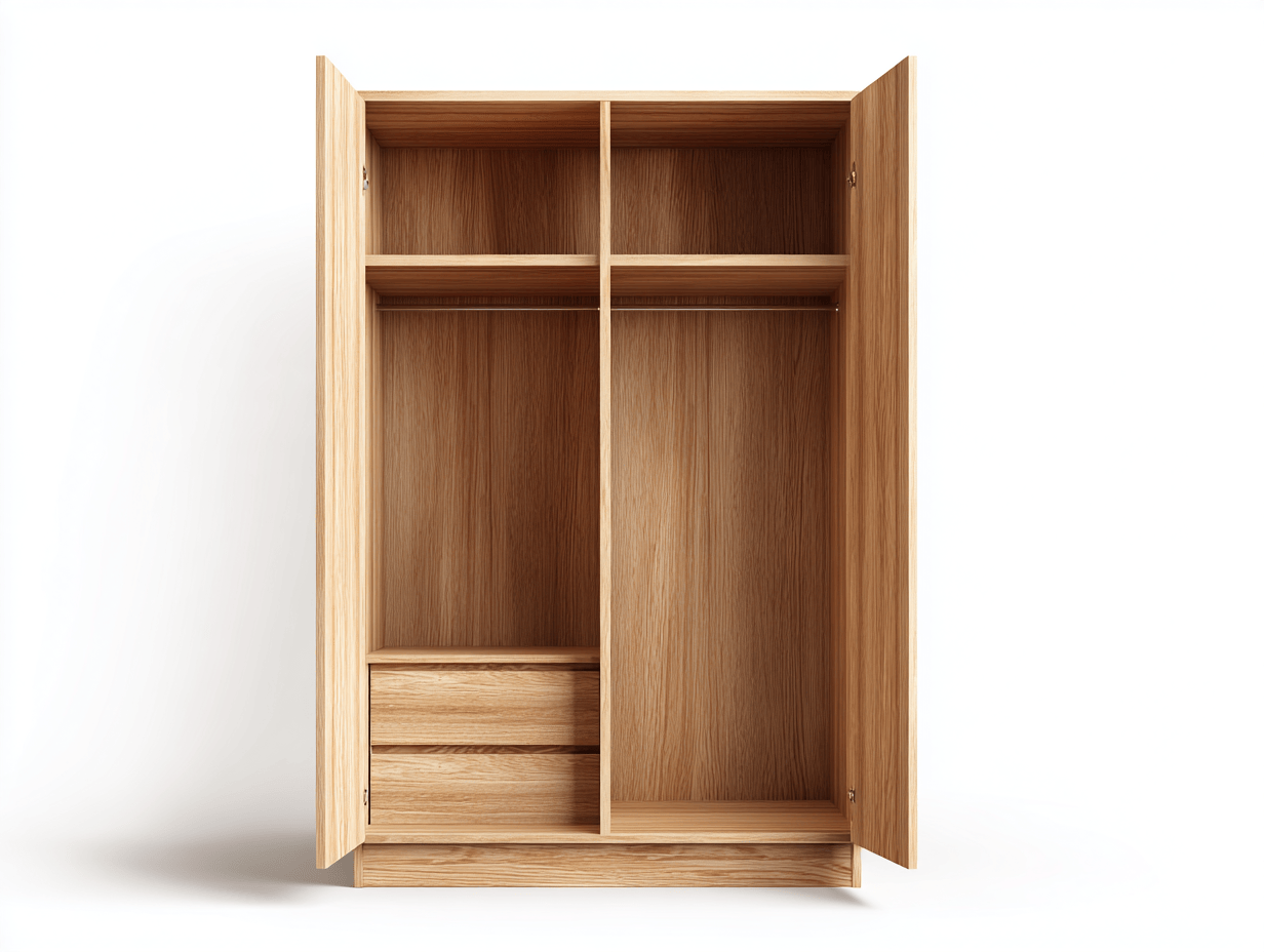 Armario de madera maciza de roble – 2 puertas con 2 compartimentos superiores, 2 zonas de colgado y 2 cajones inferiores