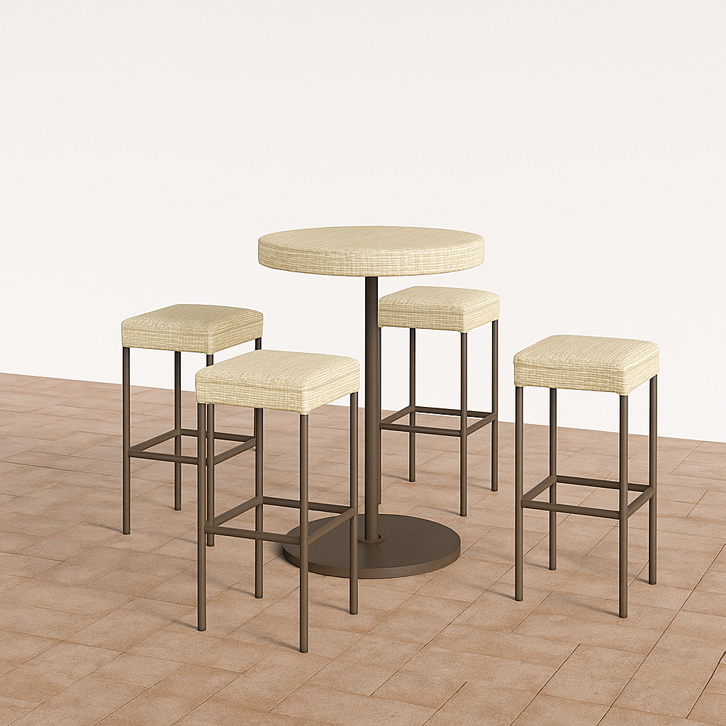 Barra de jardín, conjunto de mesa alta redonda y 4 taburetes, beige y marrón