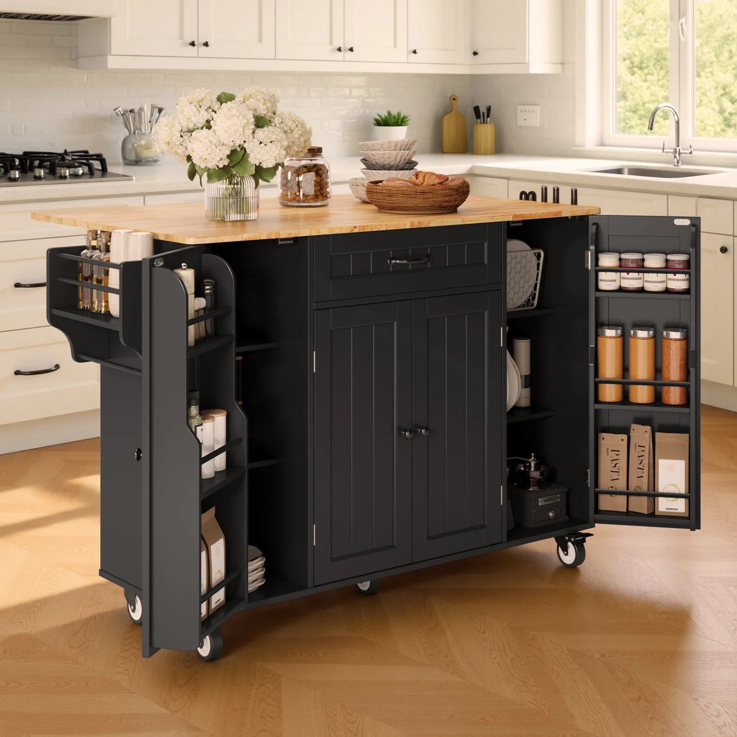 Noelse Kitchen Island with Storage, Island Table for Kitchen with Drop Leaf, Spice Rack, Towel Bar for Small Kitchens, White - Image 30