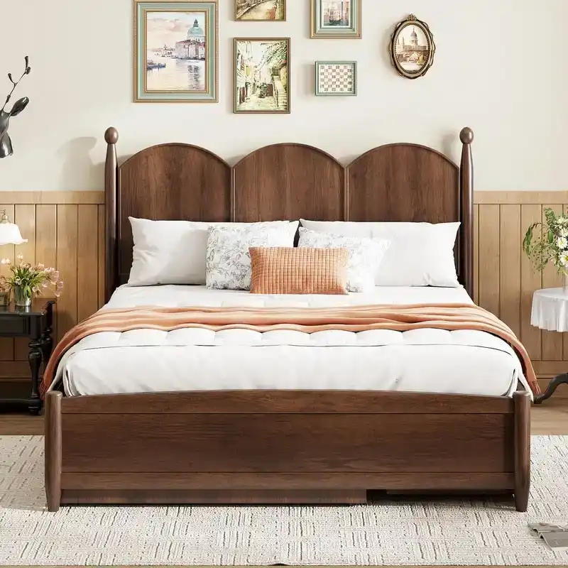 Queen Size Platform Bed with Vintage Headboard - Multifunctional Storage Frame Featuring Twin XL Trundle & 2 Drawers