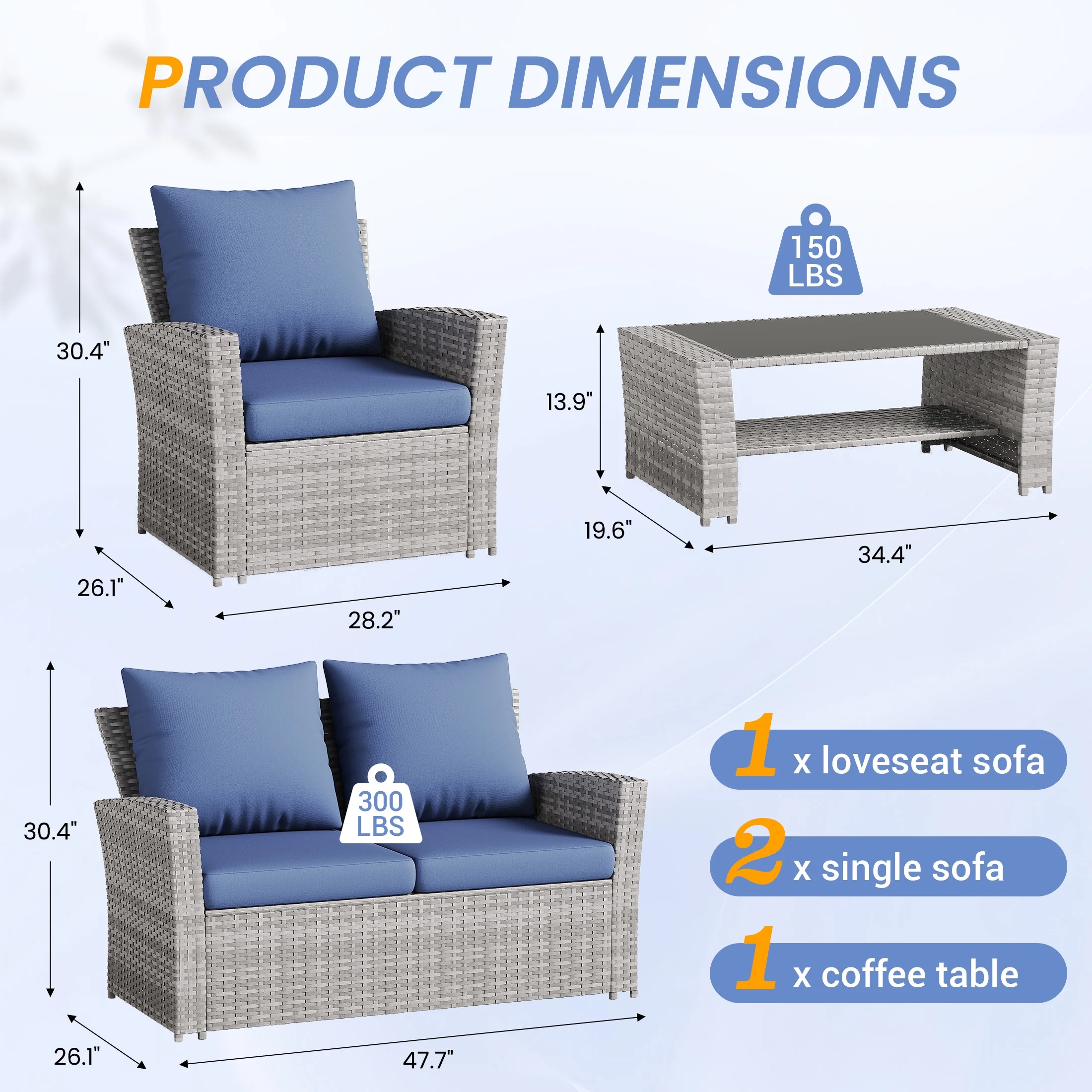 UDPATIO Wicker Patio Furniture Set, 4 Piece Outdoor Sectional Conversation Sets, Gray PE Rattan Patio Sofa Set for Balcony, Porch, Backyard, Grey - Image 17