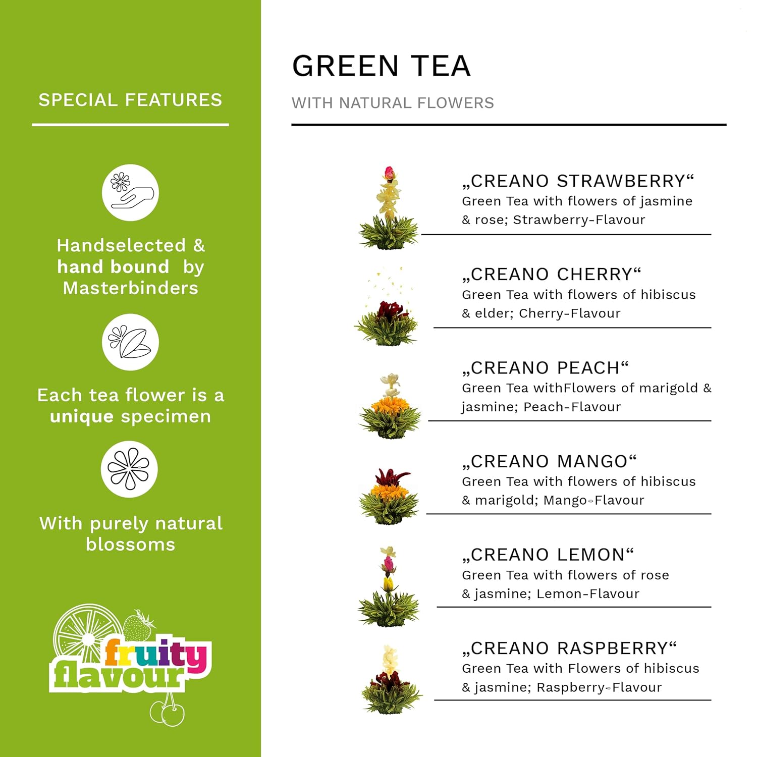 Creano Blooming Tea Gift Set with Glass Teapot 17oz (500ml) - Green Tea Fruity Flavoured Tea Flowers in 6 Varieties - Flowering Tea Gift for Easter