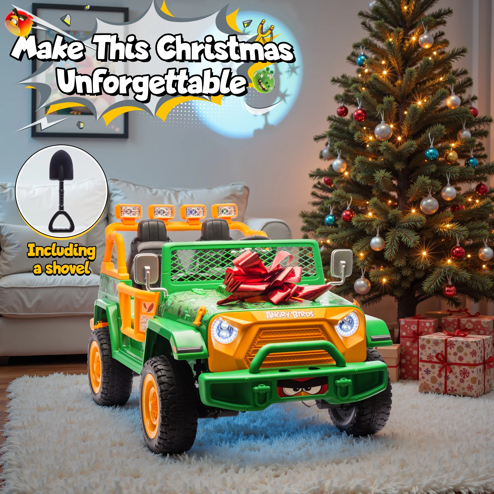 Joyracer 24 Volt Ride on Toys for Big Kids, Licensed Angry Birds Ride on Truck with Remote, 2 Seater 4WD Electric Ride ons with Shovel, Bluetooth, Lights, Power Car Wheels for 3-8, 130lbs, Green - Image 10