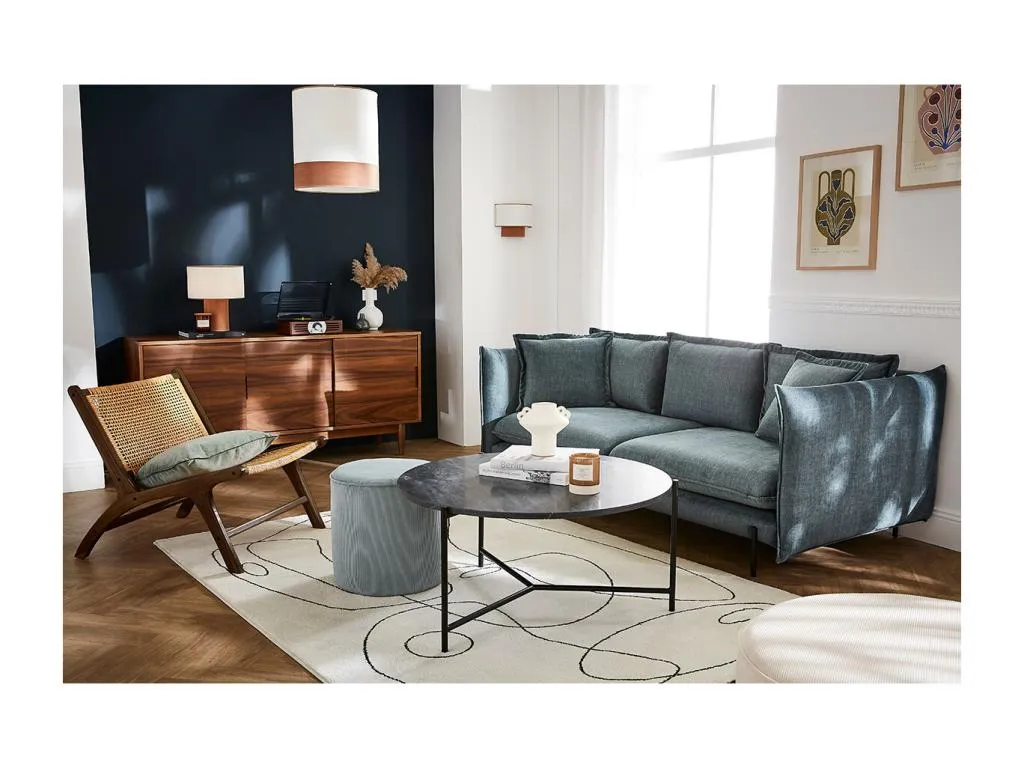 Sofá moderno 3-4 plazas de terciopelo azul grisáceo y Boverdeco negro Boverdeco