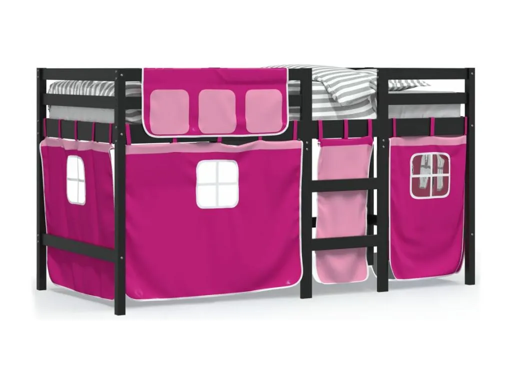 Cama alta infantil con cortinas de madera de pino rosa 90x200 cm. dhp3665447