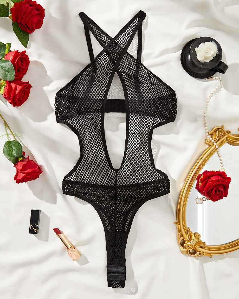 Criss-Cross Neck Fishnet Teddy