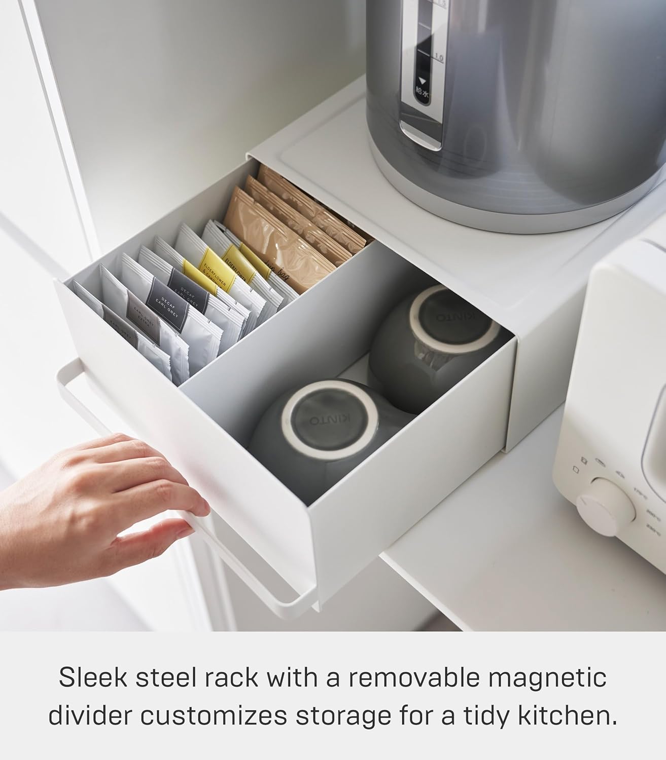 Yamazaki Home Tower Kitchen Appliance Rack With Drawers - Space-Saving Under-Appliance Storage Organizer For Sugar, Tea Packs, Mixers, Coffee Makers, Electric Pots - Steel