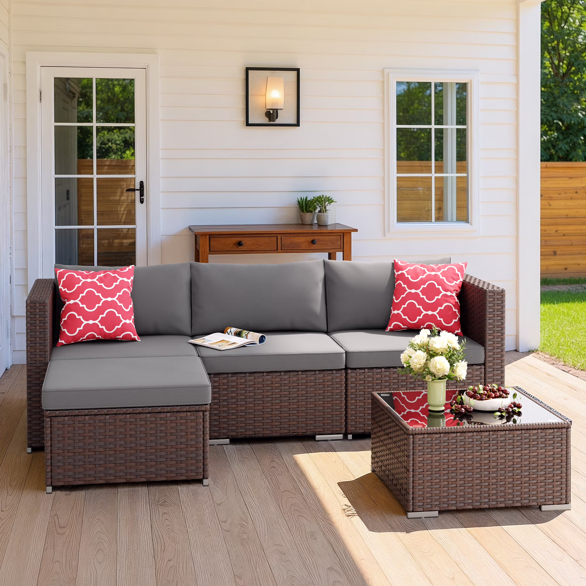 Aiho 7-Piece Rattan Patio Furniture Set , Outdoor Sectional Furniture Set for Patio, Garden, Backyard, Grey - Image 11