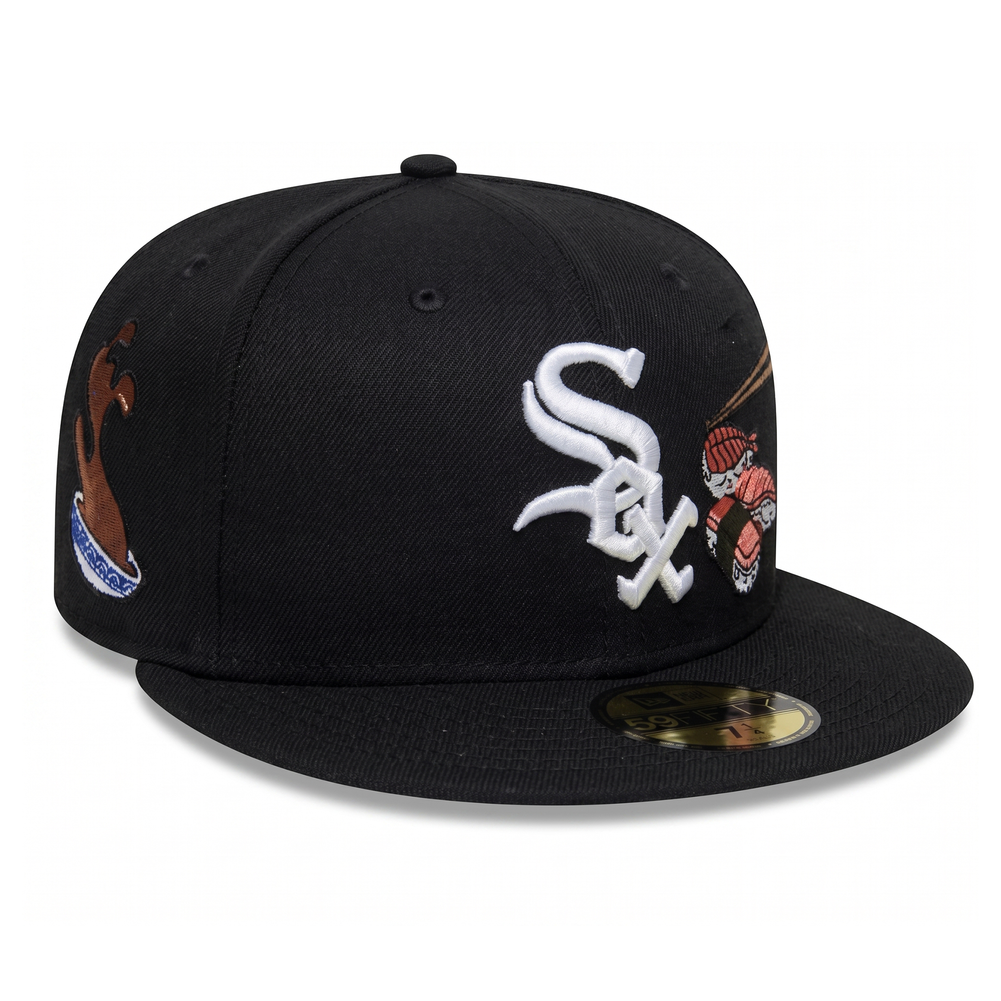 Back view of the black Chicago White Sox fitted hat displaying the official MLB Batterman logo surrounded by embroidered shrimp nigiri and maki rolls.