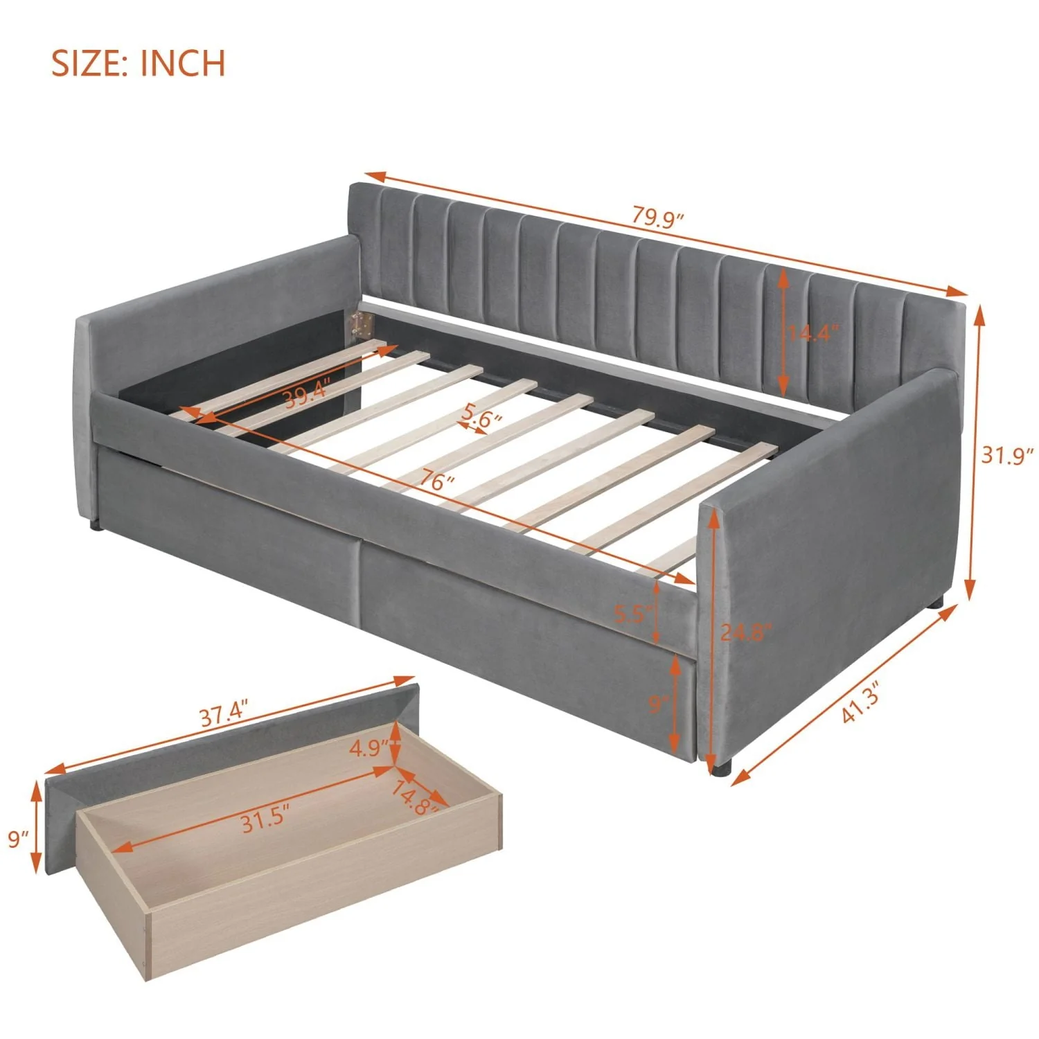 Twin Size Daybed with 2 Storage Drawers, Tufted Upholstered Sofa Bed Frame with and Wood Slat Support, Perfect for Bedroom, Gray - Image 3