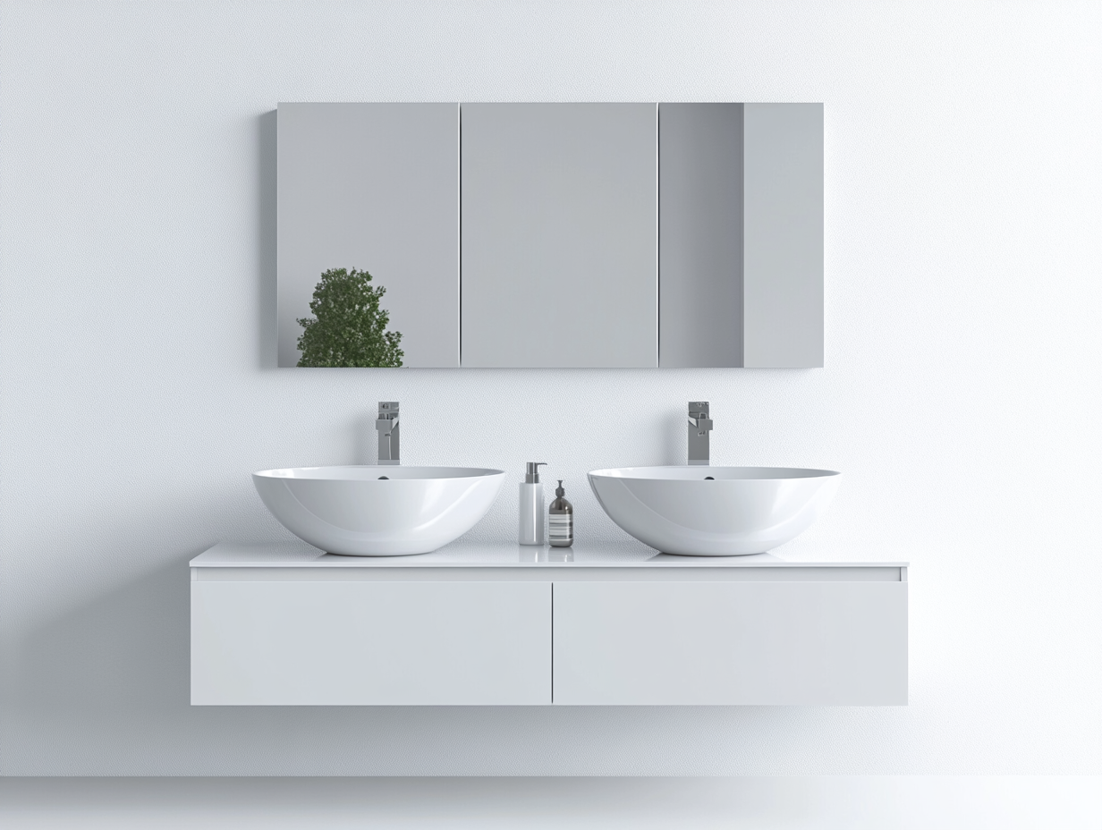 Mueble de baño doble blanco con lavabos redondos y espejo armario moderno