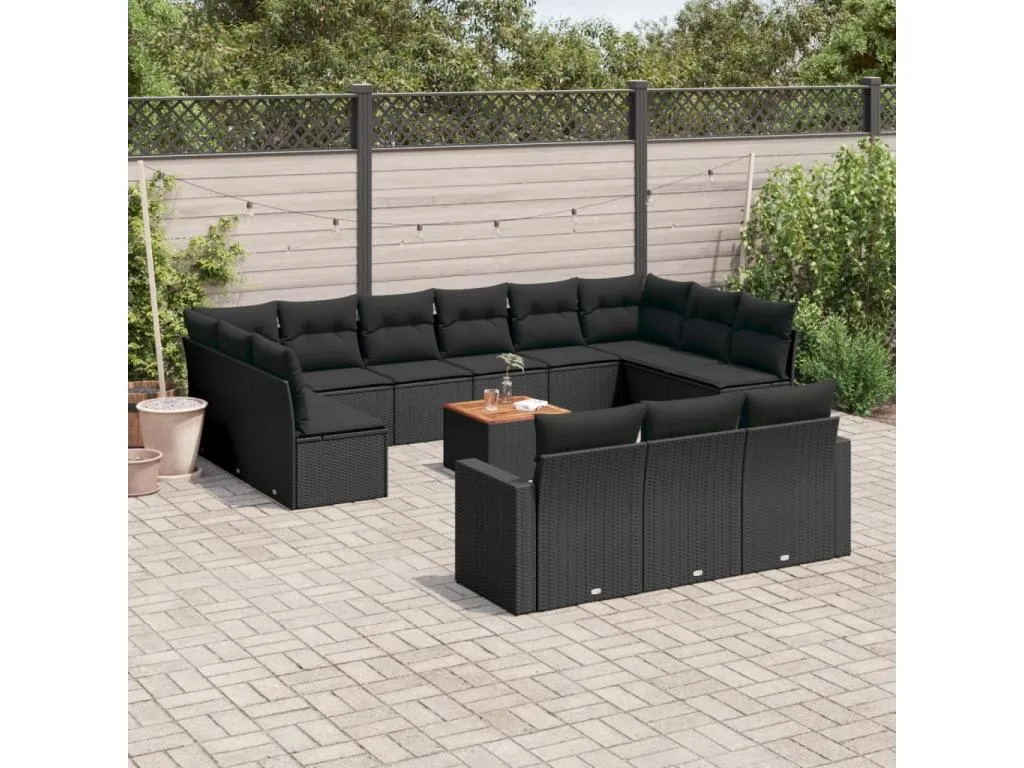 Set sofás de jardín 14 piezas con cojines ratán sintético negro