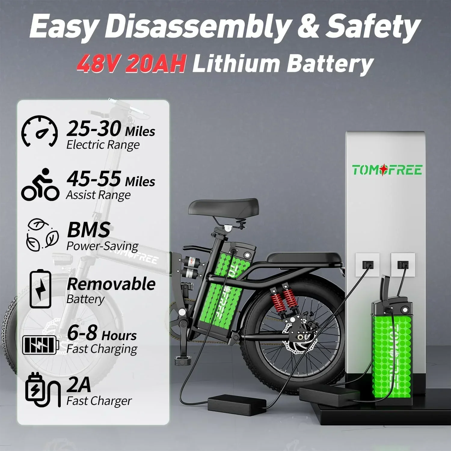 Tomofree Folding Electric Bike For Adults, 1200W, 48V 20Ah, 16 x 3in Tire, 330lbs, Black - T1 - Image 5 Tomofree Folding Electric Bike For Adults, 1200W, 48V 20Ah, 16 x 3in Tire, 330lbs, Black - T1 - Image 5