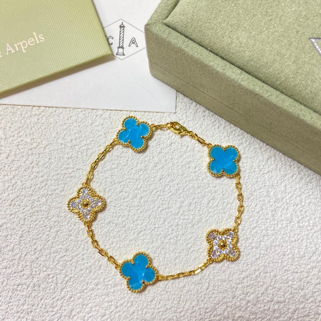 VCA Blue Larimar and Diamond Vintage Alhambra Bracelet, 5 Motifs - Original Replica Club