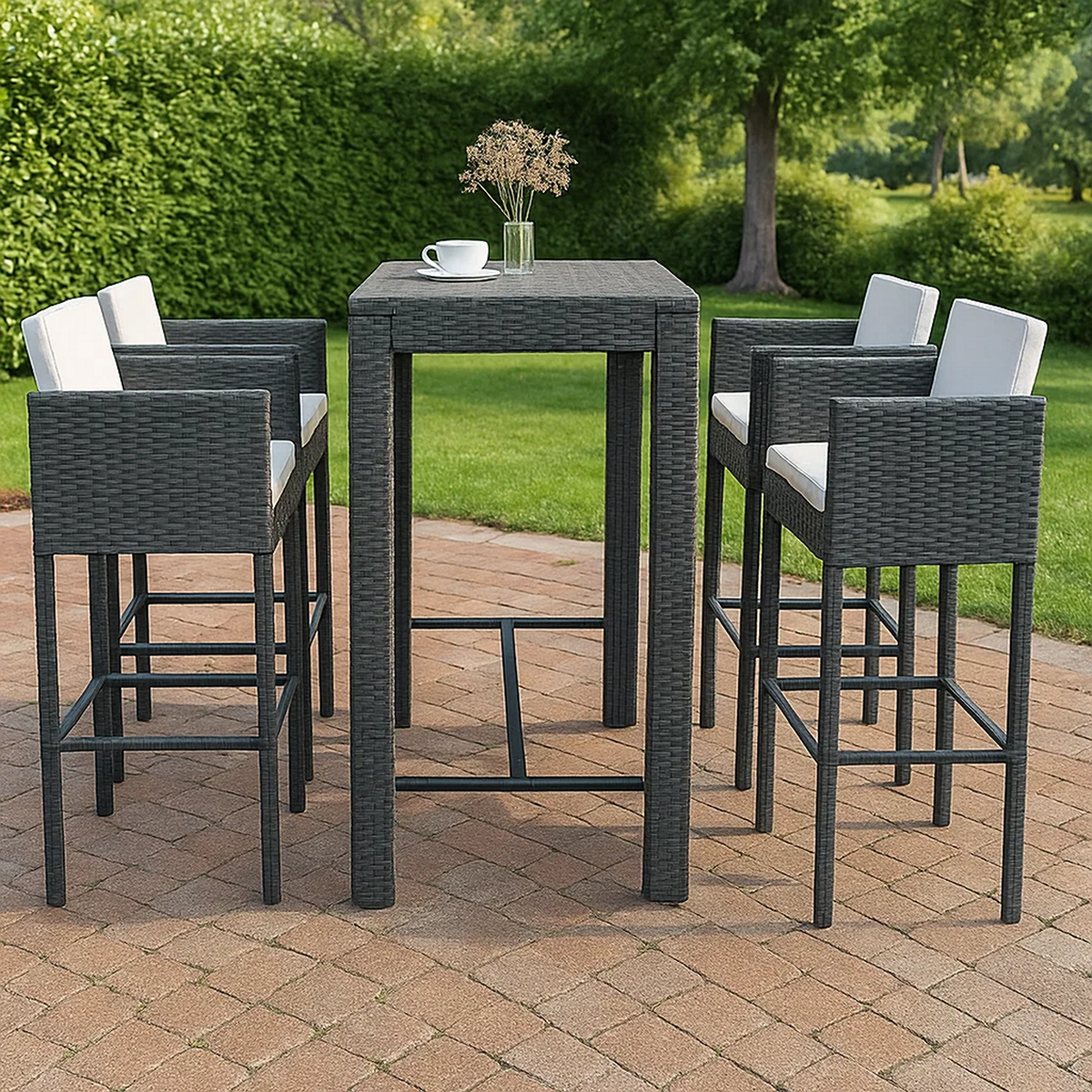 Conjunto de bar para jardín 5 pzas ratán sintético negro y cojines blancos – mesa alta y 4 taburetes