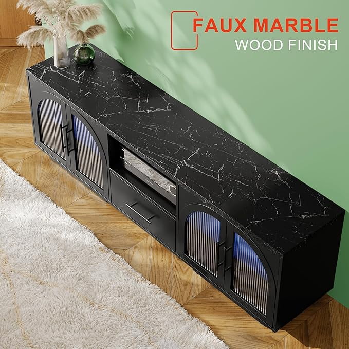 TV Stand for 75 inch TV, LED TV Stand for Living Room,70" Entertainment Center with Arched Glass Doors, Faux Marble Wood Finish Top, Adjustable Shelves, and LED Lighting, Black - Image 6