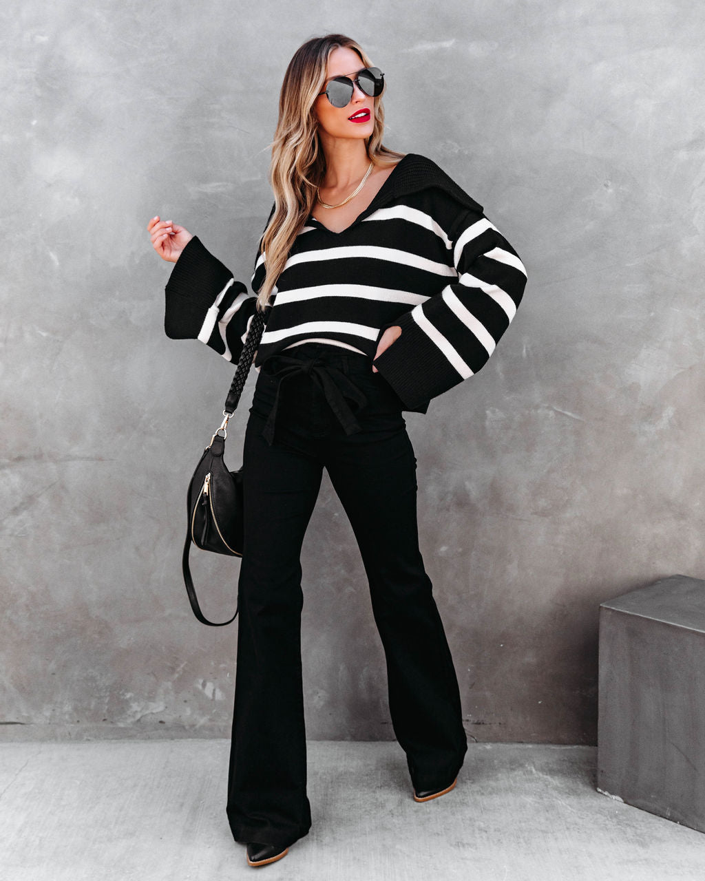 Maxwell Striped Knit Pullover Sweater - Black - Se7enfashion