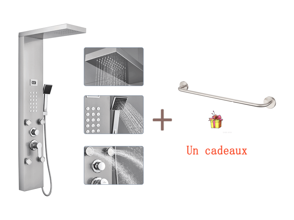 Columna Ducha Hidromasante con LCD Pantalla Pantalla Temperatura, con 4 Jets Masaje+60cm Toallero Baño Autoadhesivo/Perforación de Inox