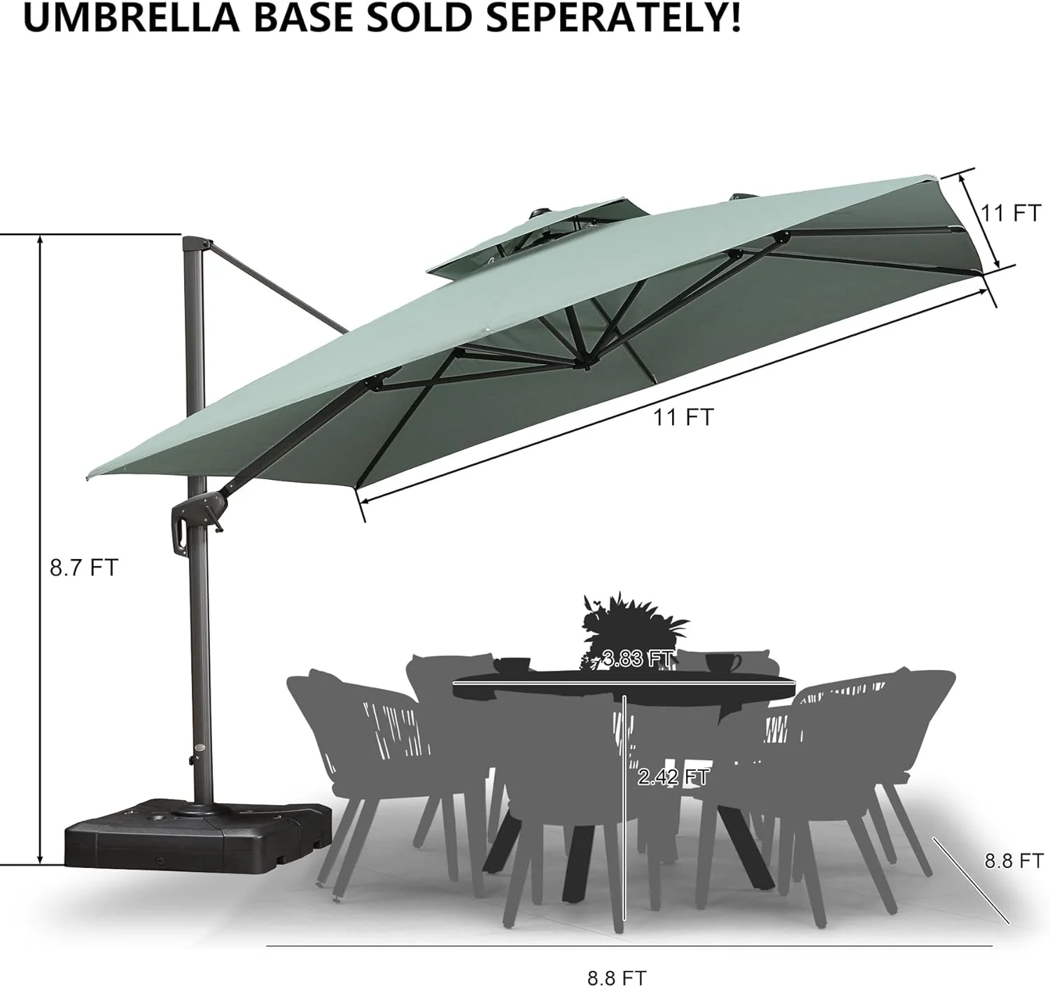 PURPLE LEAF Outdoor Cantilever Umbrella 10' X 13' Rectangle Umbrella Large Patio Umbrella Windproof Heavy Duty Hanging Offset Umbrella for Garden Outdoor Pool, Dark Grey - Image 33