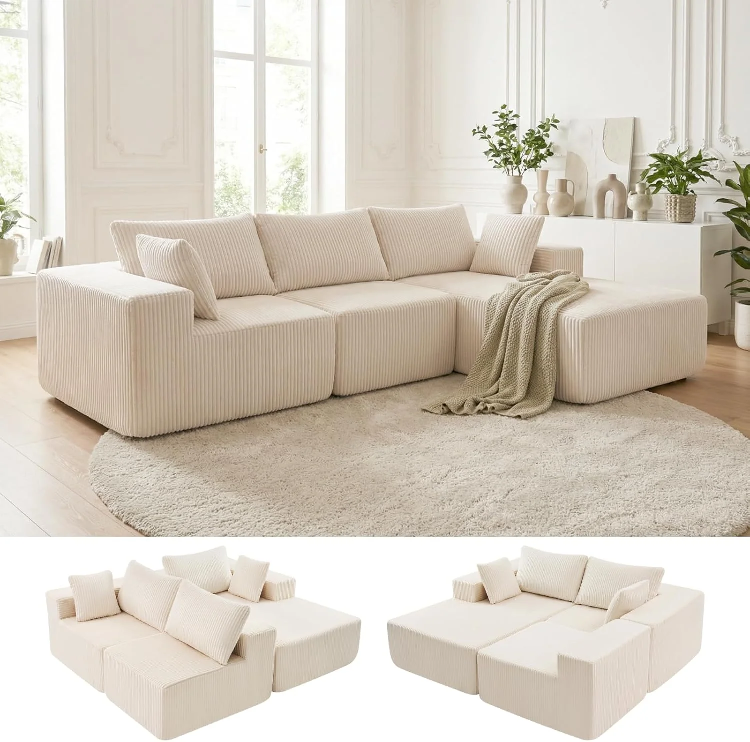 DUMOS 108" Boneless Couch, Cloud Sectional Couch with L-Shape Chaise, Modular Sectional Sofa with Deep Seat, Upholstered Couch for Living Room Bedroom, No Assembly Required (Beige, Left Facing Chaise)