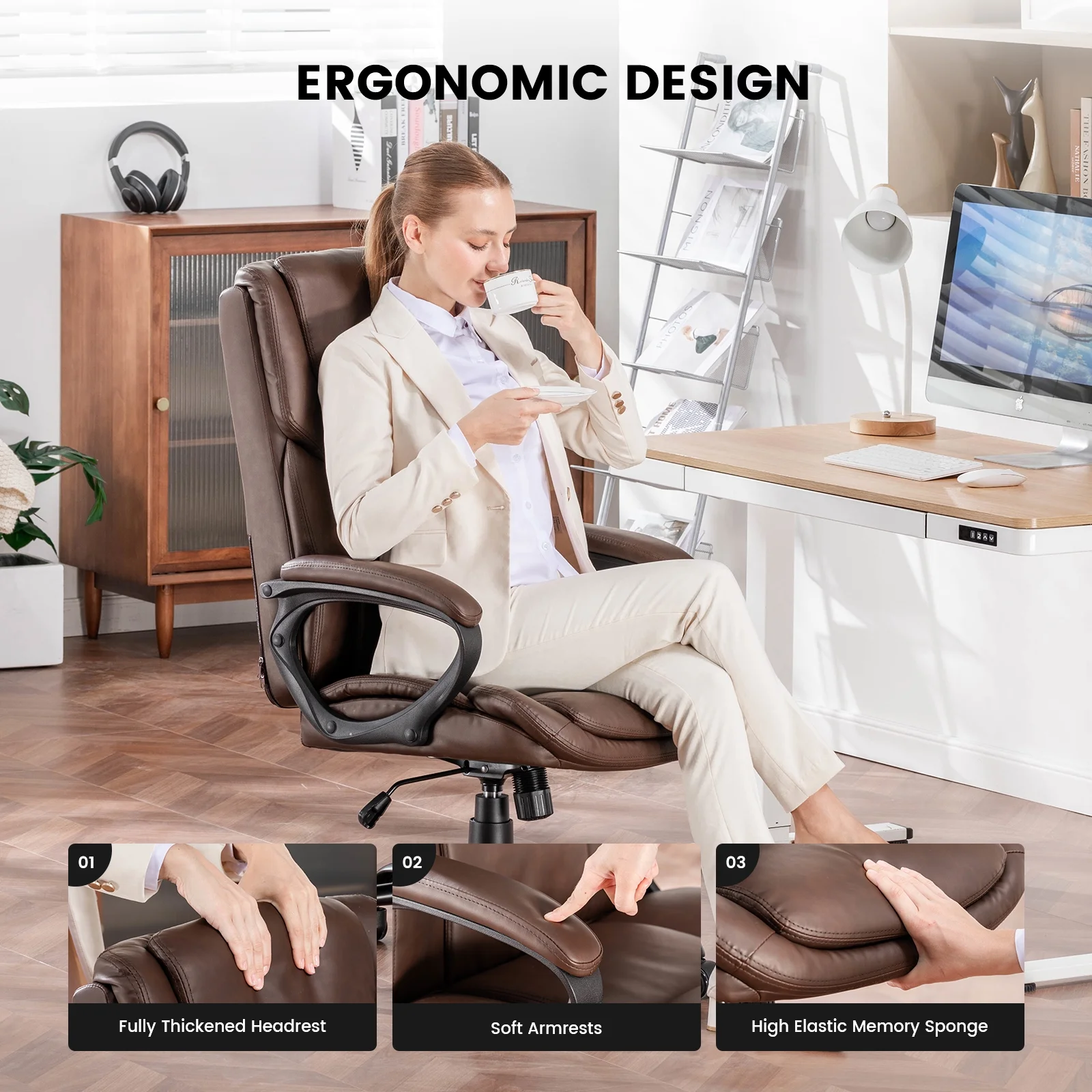Mainstays Executive Ergonomic High Back Leather Home Office Desk Chair, Black - Image 19