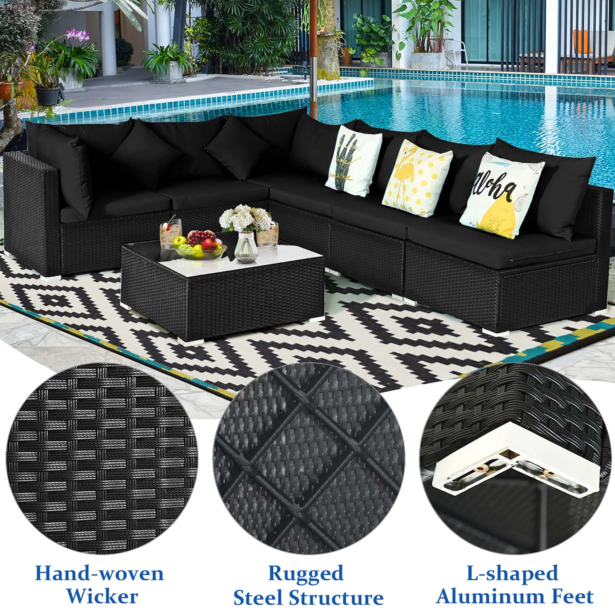 Costway 7PCS Patio Rattan Sofa Set Sectional Conversation Furniture Set Garden Black - Image 5