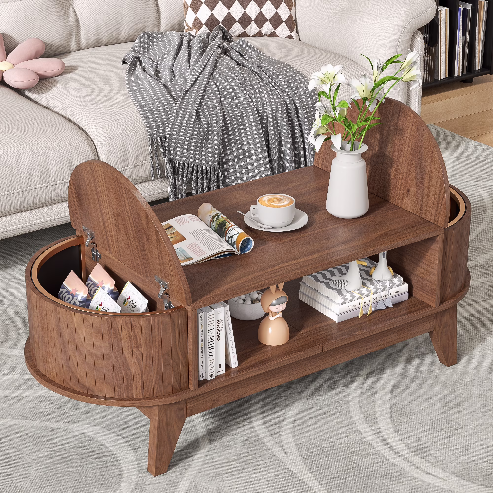 Fluted Coffee Table with Storage, Modern Coffee Tables, Wood Accent Center Table - Image 5