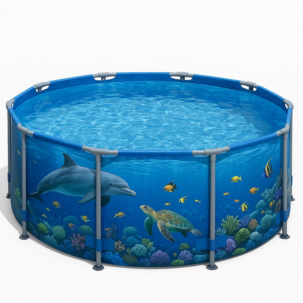 Piscina elevable circular con diseño marino Azul/Gris Tela y Metal para jardín 300x300x75 cm