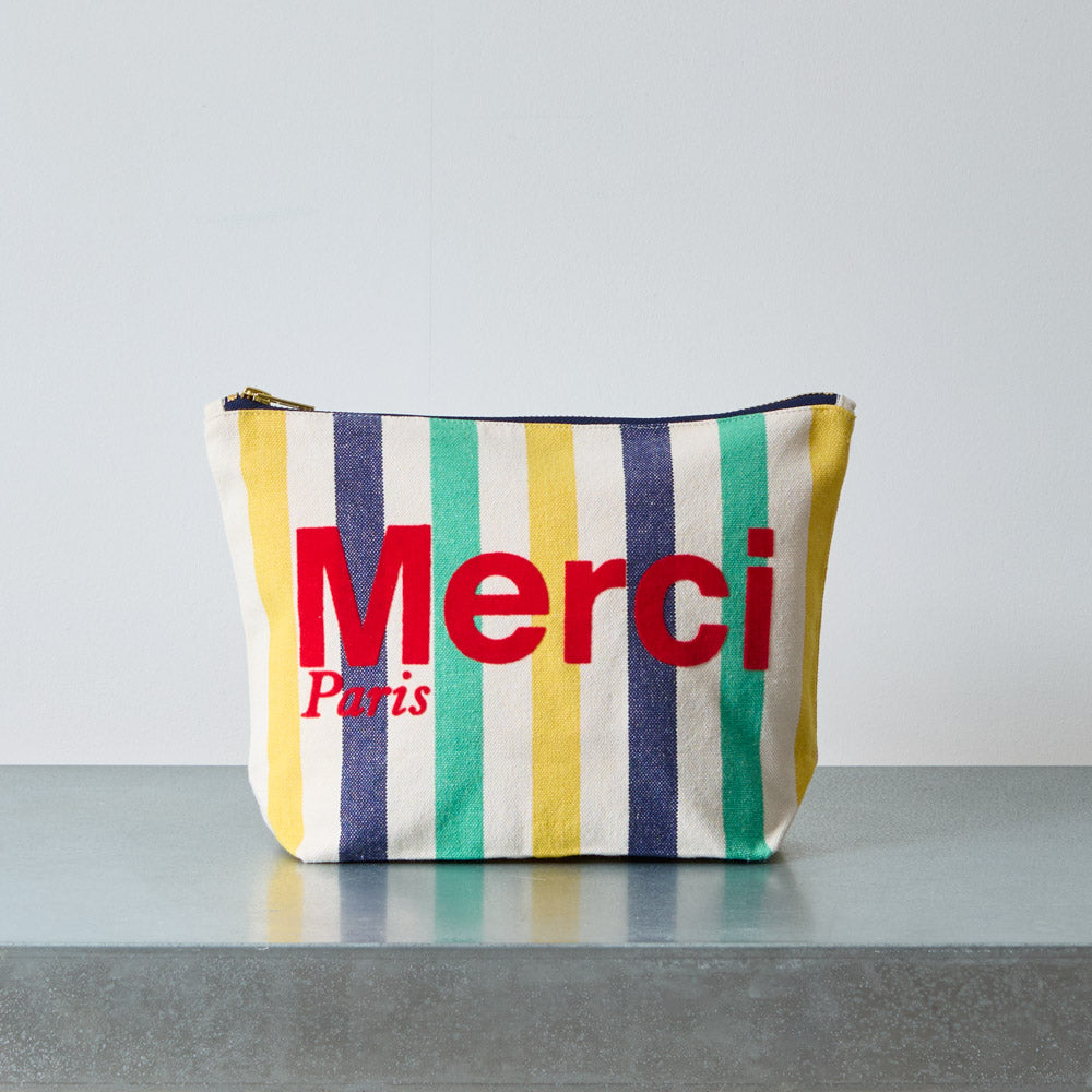 Merci - Pochette en coton rayé - Bleu Nuit & Banane