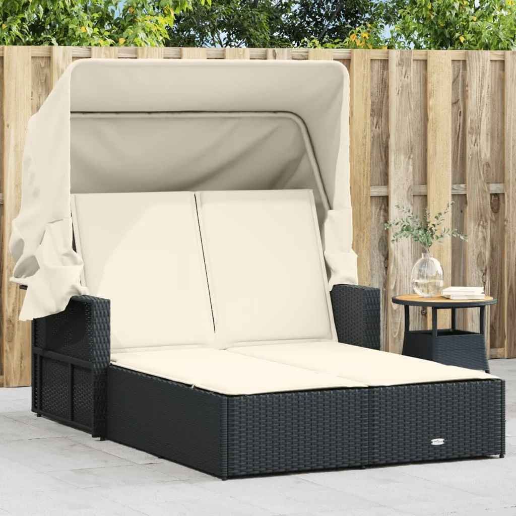 vidaXL Powder Coated Steel Removable Canopy and Cushions Double Sun Lounger, Beige - Image 40