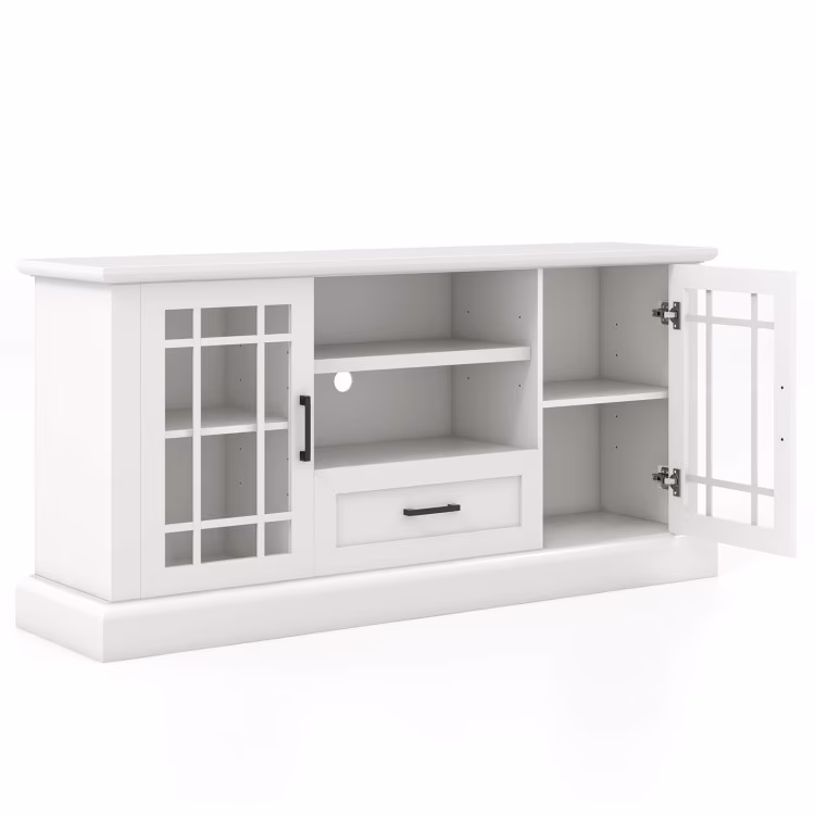 TV Stand for TVs up to 70 with Glass Doors Cubbies and Drawer