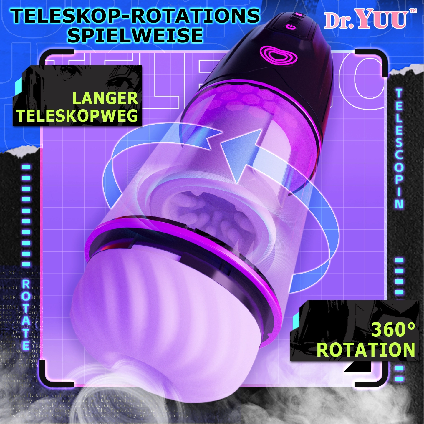 Detaildarstellung des Dr.YUU Little Devil Masturbators mit langem Teleskopweg, 360-Grad-Rotation und strukturiertem Inneneinsatz
