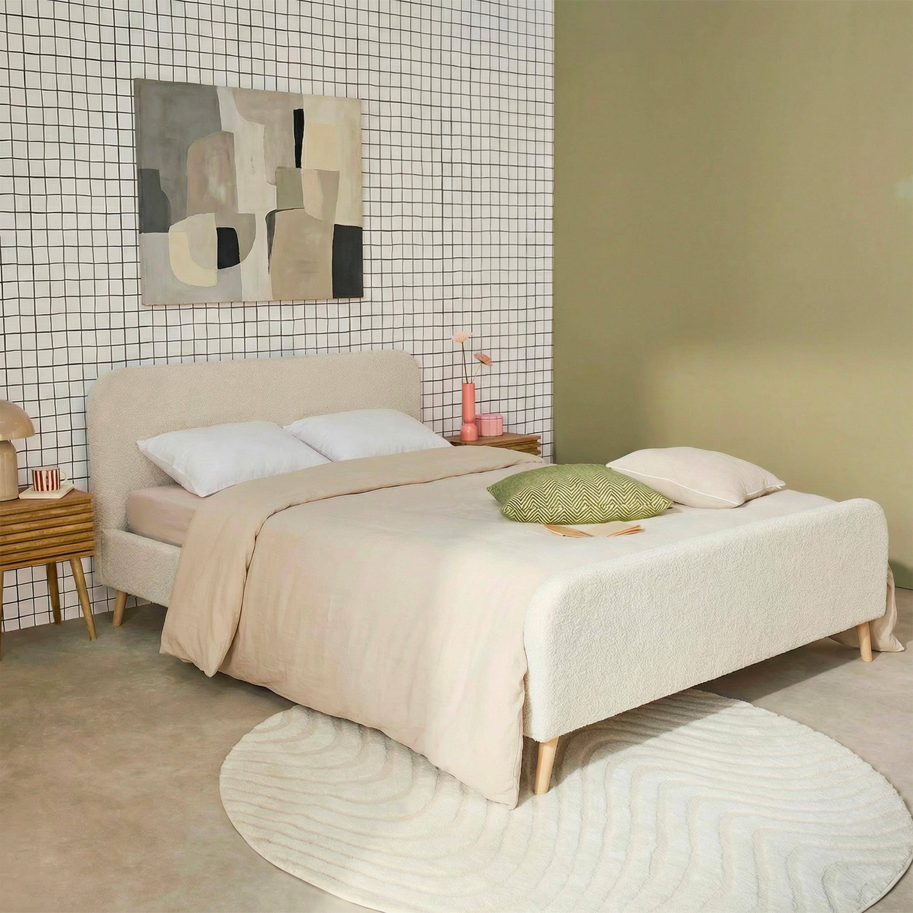 Finn - Cama con somier y cabecera tapizada borreguito, 160x200cm