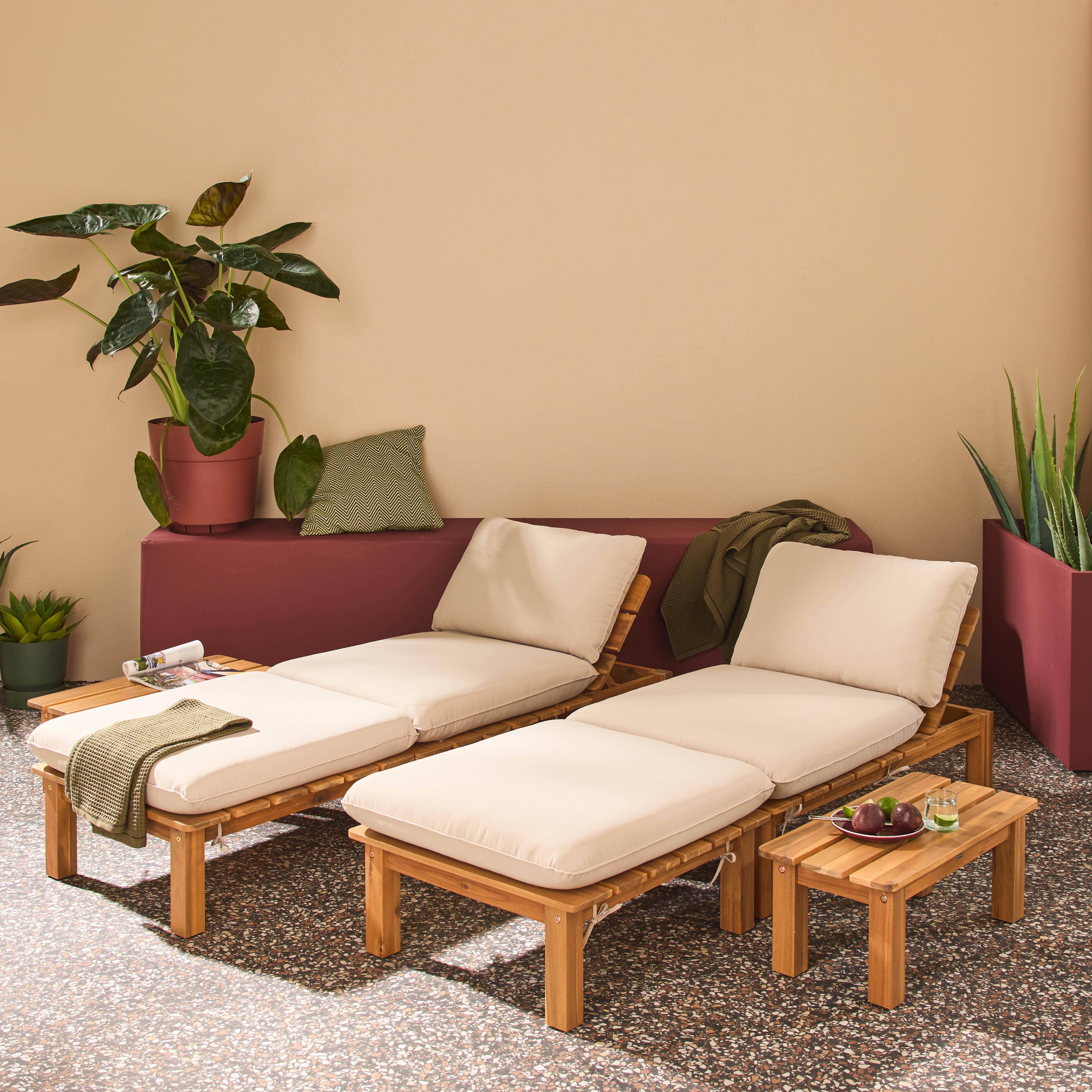 Mae - Conjunto de  tumbonas modular de madera de acacia multiposición con mesas, set de 2